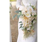 Ansofi Bouquets de mariée en Cascade pour mariée - Beige - Bouquet de mariée Artificiel pour cérémonie de Mariage Rustique bohème Anniversaire