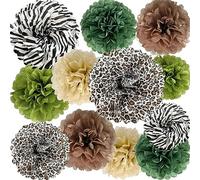 ANSOMO Pompons en papier de soie Jungle Safari, animal sauvage, léopard, zèbre, guépard, décorations de fête vert sauge, fleurs brunes, décoration murale, centre de table, fournitures d'anniversaire