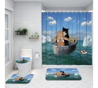 Ansouyi Lot de 4 rideaux de douche avec tapis antidérapants, housse d'abattant de toilette et tapis de bain, deux chats courageux dans la baignoire en acier, durable et imperméable, pour salle de bain