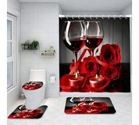 Ansouyi Lot de 4 rideaux de douche pour salle de bain avec tapis antidérapants, housse d'abattant de toilette et tapis de bain, rideau de douche imperméable durable pour la Saint-Valentin, rose rouge