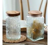 ANSQU Lot de 2 bocaux de rangement vintage en verre avec couvercle en bambou pour comptoir de cuisine, garde-manger, biscuits, café, thé, sucre, bonbons (tournesol)