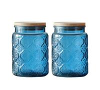ANSQU Lot de 2 boîtes de rangement en verre bleu vintage avec couvercles, bocaux décoratifs en verre pour la maison, la cuisine, le café, le thé, les biscuits, les bonbons (bleu)