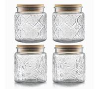 ANSQU Lot de 4 bocaux de rangement hermétiques vintage en verre avec couvercles en bambou pour comptoir de cuisine, garde-manger, biscuits, café, thé, sucre, 500 ml