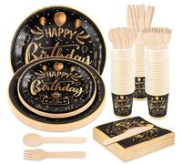 Anstore Assiette Anniversaire, 200 Assiettes en Carton Réutilisables, Vaisselle de Fête en Papier Noir et Or avec Cuillère Fourchette Couteau Gobelet Serviettes pour 25 Invités Pour Fête,Mariage,Noël