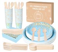 Anstore Bleu Or Party Vaisselle, 200 Assiettes en Carton Bleu à Pois Dorés Avec Fourchettes, Couteaux, Cuillères, Kit Vaisselles Anniversaire Assiette Dîner Papier Tasse Serviette pour 25 Invités