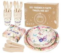 Anstore Papillon Vaisselle de Fête pour 25 Invités avec Serviettes, Gobelet, Fourchettes, Couteaux, Cuillères, Ensemble de Assiette Carton pour Fournitures de Décoration Fille Anniversaire Mariage