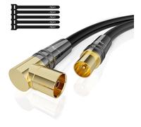 Antenna Cable 2 m RG6 4K Angled (90°)/Straight, Satellite Cable, HD-75 Ohm Coaxial TV Cable, IEC - Heavy Duty Gold Plated Metal Connectors, Black, with 5 Cable Ties