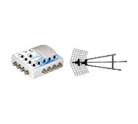 Antenne d'extérieur Trinappe amplifiée 57 dB UHF 4K HD Metronic 415049 + Amplificateur TV TNT Intérieur 8 S Filtre 4G Blanc 372018