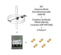 KIT Antenne mixte omnidirectionnelle DAB FM + Coupleur Universel SEDEA 2 Entrées FM - VHF - UHF + UHF + 5 Fiches F