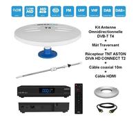 Antenne Omnidirectionnelle DVB-T T4 - HD4K - Récepteur TNT ASTON DIVA HD CONNECT T2 - 10m Câble HDMI - 5V/12V DC
