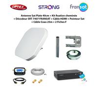 Antenne Sat Plate 40cm + Kit fixation cheminée + Décodeur SRT 7407 FRANSAT + Câble HDMI + Pointeur Sat + Câble Coax 25m + 2 Fiches F