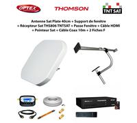 Antenne Sat Plate 40cm + Support de fenêtre + Récepteur Sat THS806 TNTSAT + Passe Fenêtre + Câble HDMI + Pointeur + Câble Coax 10m