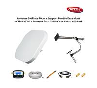 Antenne Sat Plate 40cm + Support Fenêtre Easy Mont + Câble Passe Fenêtre + Câble HDMI + Pointeur Sat + Câble Coax 10m + 2 Fiches F