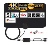 Antenne TV Interne avec amplificateur Signal antenne HDTV pour DTT DVB-T/DVB-T 2 avec câble de 4,4 m, antenne fenêtre pour réception TV numérique HD/VHF/UHF/FM