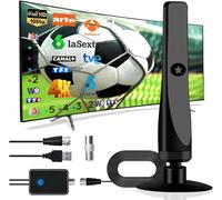 Antenne TV interne, réception longue distance numérique antenne DVB-T2 DVB-T avec amplificateur de signal puissant, ventouses et câble pour numérique 4K 1080P Canaux locaux VHF UHF FM