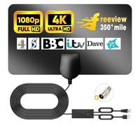 Antenne TV numérique longue portée de 600 km - Antenne TV HD amplifiée d'intérieur pour Freeview TV Support 4K 1080p (Noir)