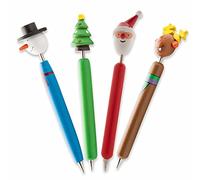 ANTEVIA - Lot de 4 stylos à bille rigolo en bois pour enfant thème noël | Encre : bleu | Formes: Bonhomme neige - Sapin - Cerf - Papa Noël | Couleur: Bleu Vert Marron Rouge (Göte)
