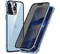 Anti-Peep Magnétique Adsorption Coque pour iPhone 13 Anti Espion Étui Anti Spy Métal Bumper Frame Case Double Face Privacy Verre Trempé Protection Housse Flip Anti-Regards Cover,Bleu