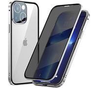 Anti-Peep Magnétique Adsorption Coque pour iPhone 13 Anti Espion Étui Anti Spy Métal Bumper Frame Case Double Face Privacy Verre Trempé Protection Housse Flip Anti-Regards Cover,Argent