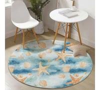 Anti Slip Dessin Animé Étoile De Mer Coquillages Impression Tapis Rond Lavable en Machine, Flanelle Bleu Clair Tapis Rond Pas Facile à Décolorer pour Salon Chambre à Coucher Chambres d'enfants, 60 cm