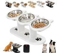 Anti-Slip Elevated 3-Bowl Pet Feeder, 15° Tilted Adjustable Wooden Stand & Stainless Steel Cat Bowls, Anti-Vomiting Raised Food Water Station for Cats & Small Dogs (White,3 Bowl)