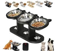 Anti-Slip Elevated 3-Bowl Pet Feeder, 15° Tilted Adjustable Wooden Stand & Stainless Steel Cat Bowls, Anti-Vomiting Raised Food Water Station for Cats & Small Dogs (Black,3 Bowl)