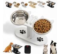 Anti-Slip Elevated 3-Bowl Pet Feeder, 15° Tilted Adjustable Wooden Stand & Stainless Steel Cat Bowls, Anti-Vomiting Raised Food Water Station for Cats & Small Dogs (White,2 Bowl)
