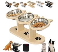 Anti-Slip Elevated 3-Bowl Pet Feeder, 15° Tilted Adjustable Wooden Stand & Stainless Steel Cat Bowls, Anti-Vomiting Raised Food Water Station for Cats & Small Dogs (Wooden,3 Bowl)