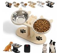 Anti-Slip Elevated 3-Bowl Pet Feeder, 15° Tilted Adjustable Wooden Stand & Stainless Steel Cat Bowls, Anti-Vomiting Raised Food Water Station for Cats & Small Dogs (Wooden,2 Bowl)