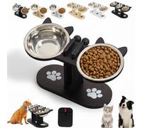 Anti-Slip Elevated 3-Bowl Pet Feeder, 15° Tilted Adjustable Wooden Stand & Stainless Steel Cat Bowls, Anti-Vomiting Raised Food Water Station for Cats & Small Dogs (Black,2 Bowl)