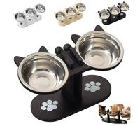 Anti-Slip Elevated 3-Bowl Pet Feeder, Elevated Feeding Station with Wooden Stand, Stainless Steel Cat Feeding Station, Cat Bowls with Stand Tilted for Food & Water (2Black)