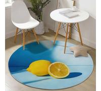 Anti Slip Simple Photographie Citron Impression Tapis Rond Lavable en Machine, Flanelle Bleu Jaune Tapis Rond Pas Facile à Décolorer pour Salon Chambre à Coucher Chambres d'enfants, 100 cm