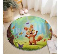 Anti Slip Tapis Rond 100 cm Entretien Facile, Dessin Animé Forêt Écureuil Papillon Impression Isolation Phonique Tapis Rond pour Chambre d’Enfant Salle de Bain Entrée Intérieur - Vert Marron