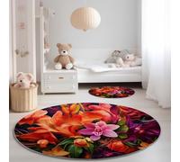 Anti Slip Tapis Rond 100 cm Entretien Facile, Photographie Fleurs Orchidées Lys Impression Isolation Phonique Tapis Rond pour Chambre d’Enfant Salle de Bain Entrée Intérieur - Rouge
