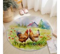 Anti Slip Tapis Rond 150 cm Entretien Facile, Aquarelle Ferme Poulet Herbe Impression Isolation Phonique Tapis Rond pour Chambre d’Enfant Salle de Bain Entrée Intérieur - Vert