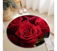 Anti Slip Tapis Rond 60 cm Entretien Facile, Fleurs Gros Plan Rose Gouttes d'eau Impression Isolation Phonique Tapis Rond pour Chambre d’Enfant Salle de Bain Entrée Intérieur - Rouge