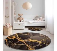 Anti Slip Tapis Rond 90 cm Entretien Facile, Abstrait Moderne Luxe Lignes Marbrées Impression Isolation Phonique Tapis Rond pour Chambre d’Enfant Salle de Bain Entrée Intérieur - Gris Foncé Or
