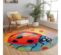 Anti Slip Tapis Rond 90 cm Entretien Facile, Dessin Animé Peinture À l'huile Coccinelle Pois Impression Isolation Phonique Tapis Rond pour Chambre d’Enfant Salle de Bain Entrée Intérieur - Rouge Bleu