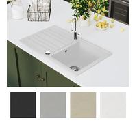 Anti-taches Évier de cuisine - KENNETH - réversible à 1 bac en granite - blanc avec égouttoir FR64