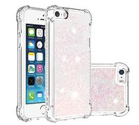 Antichoc Coque pour iPhone 5/5s/SE Coques Pop Magnifique Liquide Paillettes Doux TPU Coque Étincelle Protection Arrière Silicone Coque Mignon Transparente Couverture pour iPhone 5/5s/SE-Rose Argenté
