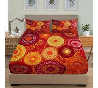 Antidérapant Draps Housses, Motif Mandala BohèMe Ajustable Housse Matelas avec Bonnet 30 cm, Rouge Microfibre Drap Housse avec Une Rebord Élastique, 2 Taie d'oreiller 80x160 cm