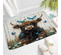 Antidérapant Tapis Bains Vache des Highlands Drôle Style Western Marron Bleu Papillons Marguerites Tapis De Bain Indestructible Tapi pour Chambre Porte D'Entrée Intérieur 40X60Cm