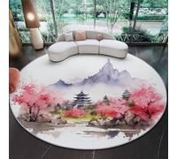 Antidérapant Tapis Rond imprimé Blanc, 150 x 150 cm Tapis de Sol décoration avec Aquarelle Montagnes Cerisiers en Fleurs imprimé pour Salle à Manger Salon Chambre Cuisine - Intérieur Décoration