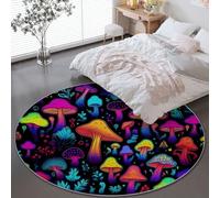 Antidérapant Tapis Rond imprimé Noir, 150 x 150 cm Tapis de Sol décoration avec Botanique Néon Champignons imprimé pour Salle à Manger Salon Chambre Cuisine - Intérieur Décoration