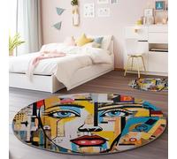 Antidérapant Tapis Rond Lavable en Machine 180 cm - Art Abstrait Géométrique Visage Humain Tapis Rond Imprimé en Flanelle pour Salon Chambre d'enfant Décoration de Chambre, Jaune