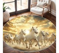 Antidérapant Tapis Rond Lavable en Machine, Groupe de Chevaux Blancs Doux et Durable Tapis Rond pour Chambre, Entrée, Salle à Manger, Bureau L'intérieur Décorer Or Ø 180 cm Circulaire