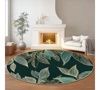 Antidérapant Tapis Rond Vert Foncé, 160 cm Lavable en Machine Flanelle Tapis avec Botanique Élégant Feuilles Lignes Imprimé - Carpette pour Salon Coucher Chambre Cuisine Nurserie