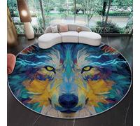 Antidérapant Tapis Ronds 150 cm, Dessin Animé Éclair Loup Portrait Imprimé Lavable et Doux Bleu Tapis à Poils Courts pour Chambre Salon Nuit D’Enfant Salle À Manger