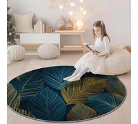 Antidérapant Tapis Ronds 180 cm, Abstrait Plante Feuille Ligne Imprimé Lavable et Doux Bleu Foncé Tapis à Poils Courts pour Chambre Salon Nuit D’Enfant Salle À Manger