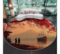 Antidérapant Tapis Ronds 60 cm, Nature Érables Rive Bateau Imprimé Lavable et Doux Brun Tapis à Poils Courts pour Chambre Salon Nuit D’Enfant Salle À Manger